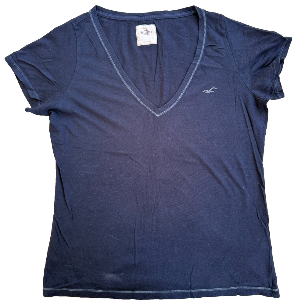 Vintage Hollister Womens Y2K Short Sleeve V Neck T Shirt Size L Blue Preppy 90S